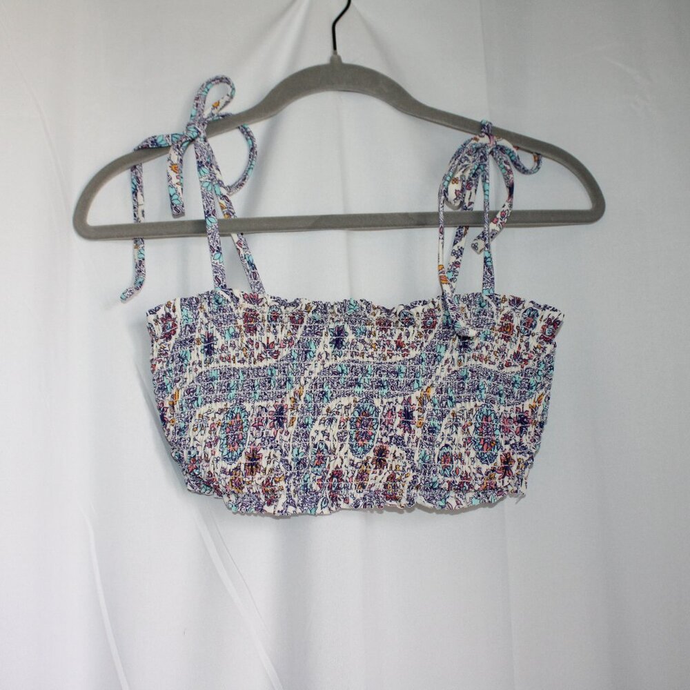 NWOT Xhilaration Floral Ruched Smocked Swim Bandeau Top Tie Straps Adjustable L